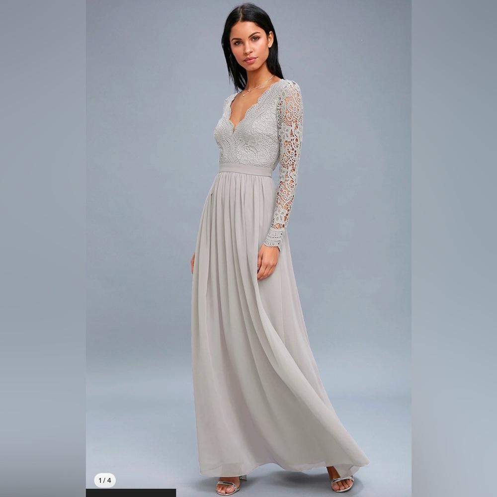 Lulus Awaken My Love Light Grey Long Sleeve Lace Maxi Dress Size Small